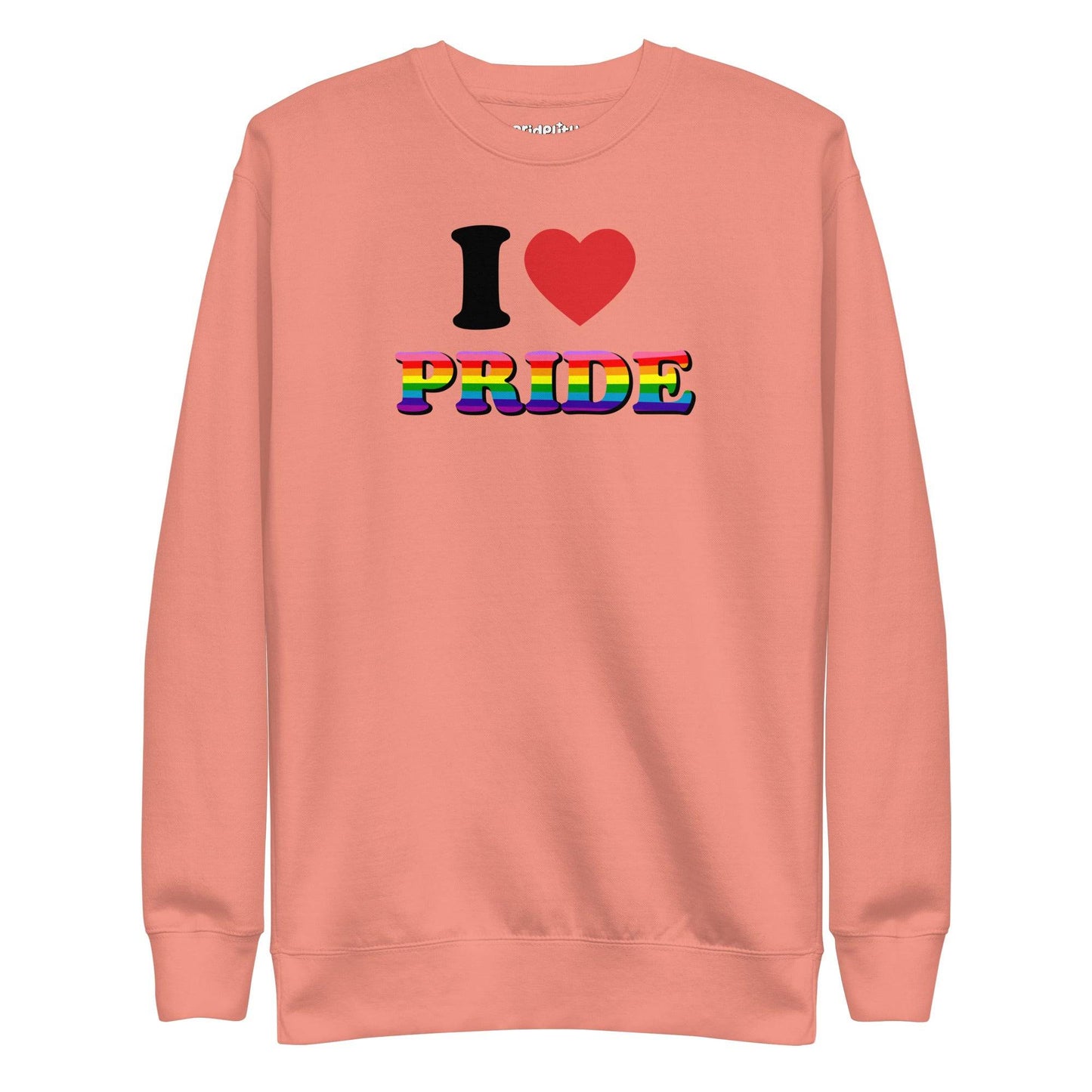 Pridelity's "I Love Pride Sweatshirt" is a white garment showcasing "I ♥ PRIDE" emblazoned on the front. The heart is a vivid red, and the word "PRIDE" is highlighted in bold letters with a dynamic rainbow gradient, making it an ideal piece for your rainbow clothing collection.