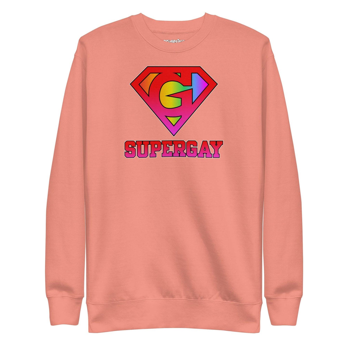 Introducing the Supergay Sweatshirt from Pridelity: a dusty rose sweatshirt featuring a stylized rainbow "S" emblem and a bold "SUPERGAY" print, perfect for adding to your pride collection.