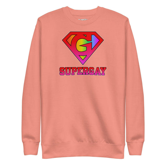 Introducing the Supergay Sweatshirt from Pridelity: a dusty rose sweatshirt featuring a stylized rainbow "S" emblem and a bold "SUPERGAY" print, perfect for adding to your pride collection.