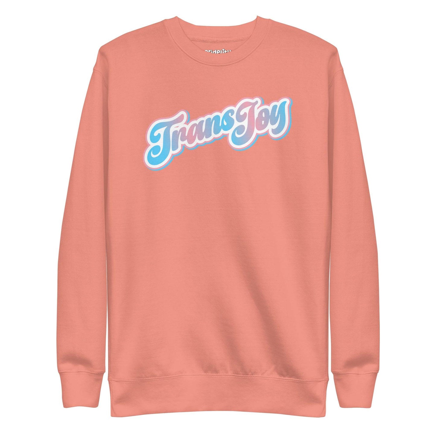 Introducing the Trans Joy Sweatshirt by Pridelity, a white sweatshirt from our pride collection adorned with the words "Trans Joy" in elegant blue and pink lettering across the chest.