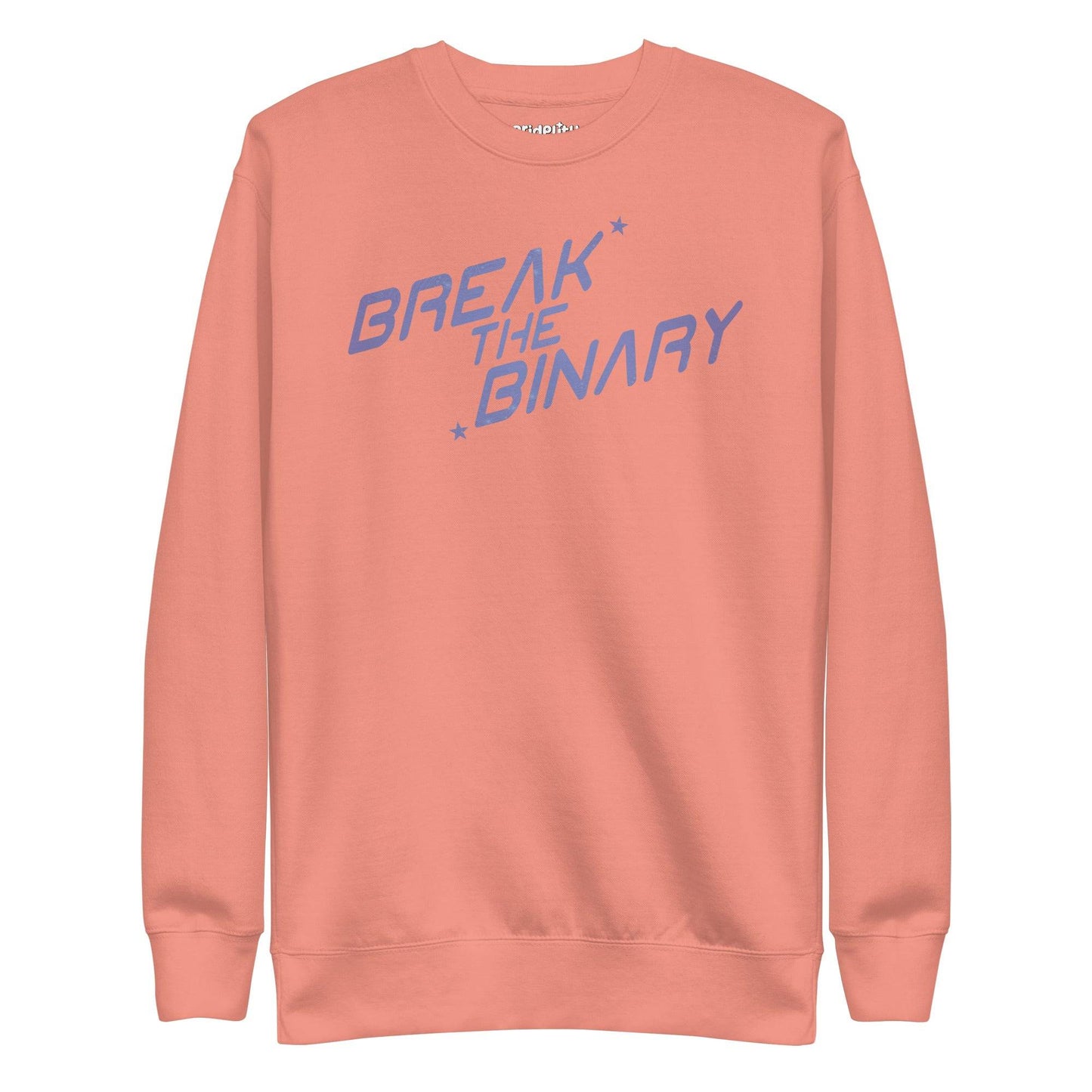 White "Break The Binary" sweatshirt by Pridelity from the Pride Collection, displaying the phrase in stylized light blue text with small stars, centered on the chest.