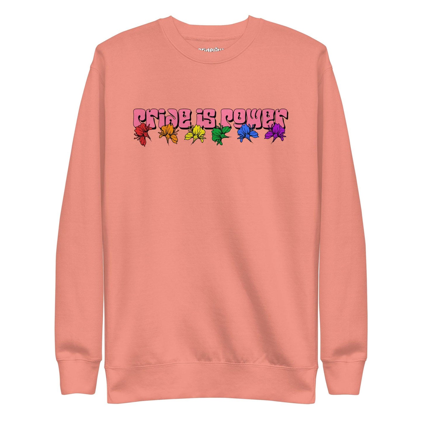 Introducing the "Pride Is Power Sweatshirt" by Pridelity, a black sweatshirt that features the phrase "PRIDE IS POWER" in eye-catching gradient letters. Below, six rainbow-colored butterflies symbolize diversity and pride, making it a standout piece from our pride collection.