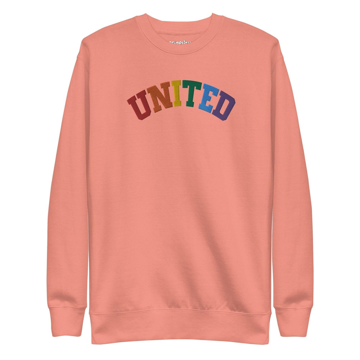 The United Sweatshirt from Pridelity's pride collection is a black design showcasing the word "UNITED" arced across the chest, with each letter in a different color to form a vibrant rainbow pattern. It features long sleeves and a crew neck, making it an ideal pride outfit for any occasion.