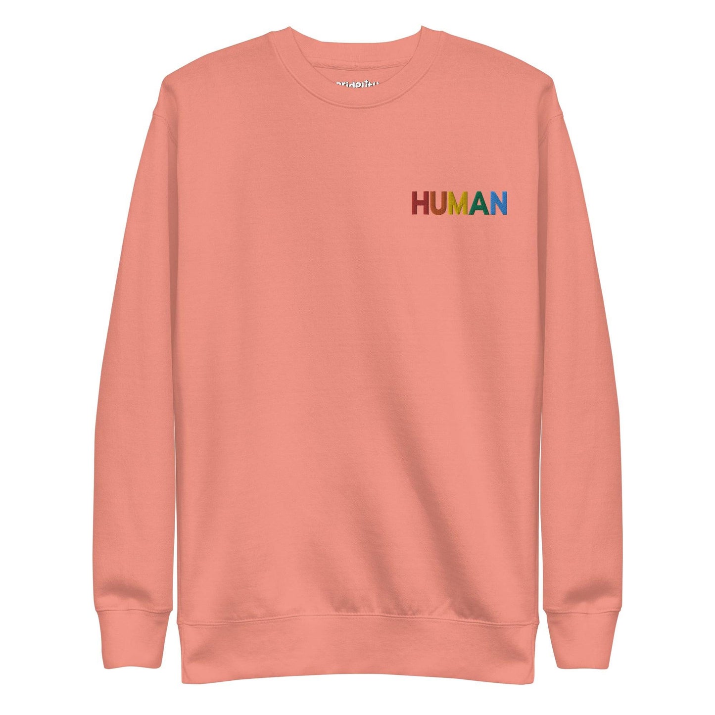 The crisp white "Human Sweatshirt" by Pridelity features the word "HUMAN" emblazoned across the chest in vibrant rainbow colors, making it a perfect statement piece for rainbow clothing enthusiasts. The brand name, Pridelity, is discreetly showcased on the collar, adding a subtle touch of identity to this chic sweatshirt.