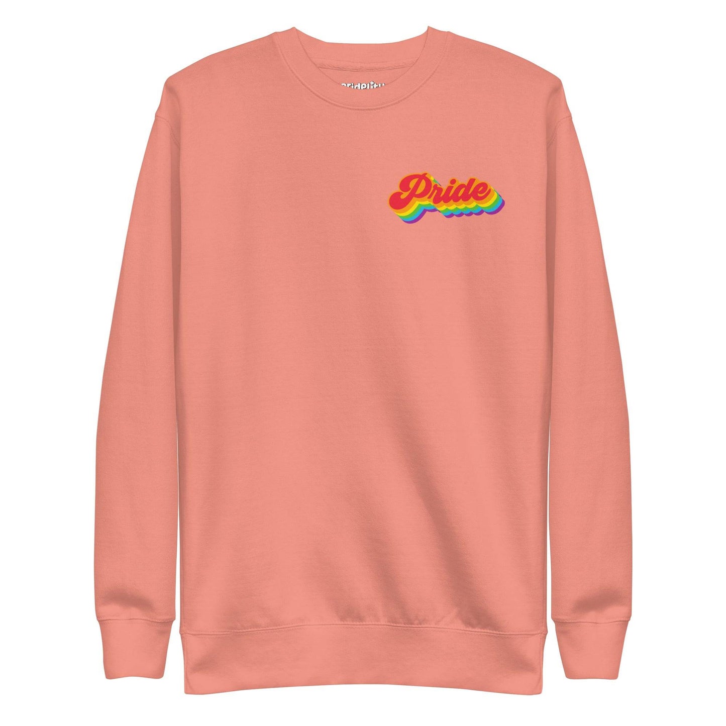 Introducing the Pride Sweatshirt by Pridelity, a standout from the pride collection. This white sweatshirt features "Pride" in bold, vibrant rainbow letters across the chest, styled in a retro font with a curved underline. Designed for comfort, it offers a relaxed fit with ribbed cuffs and waistband—ideal for your pride outfit.