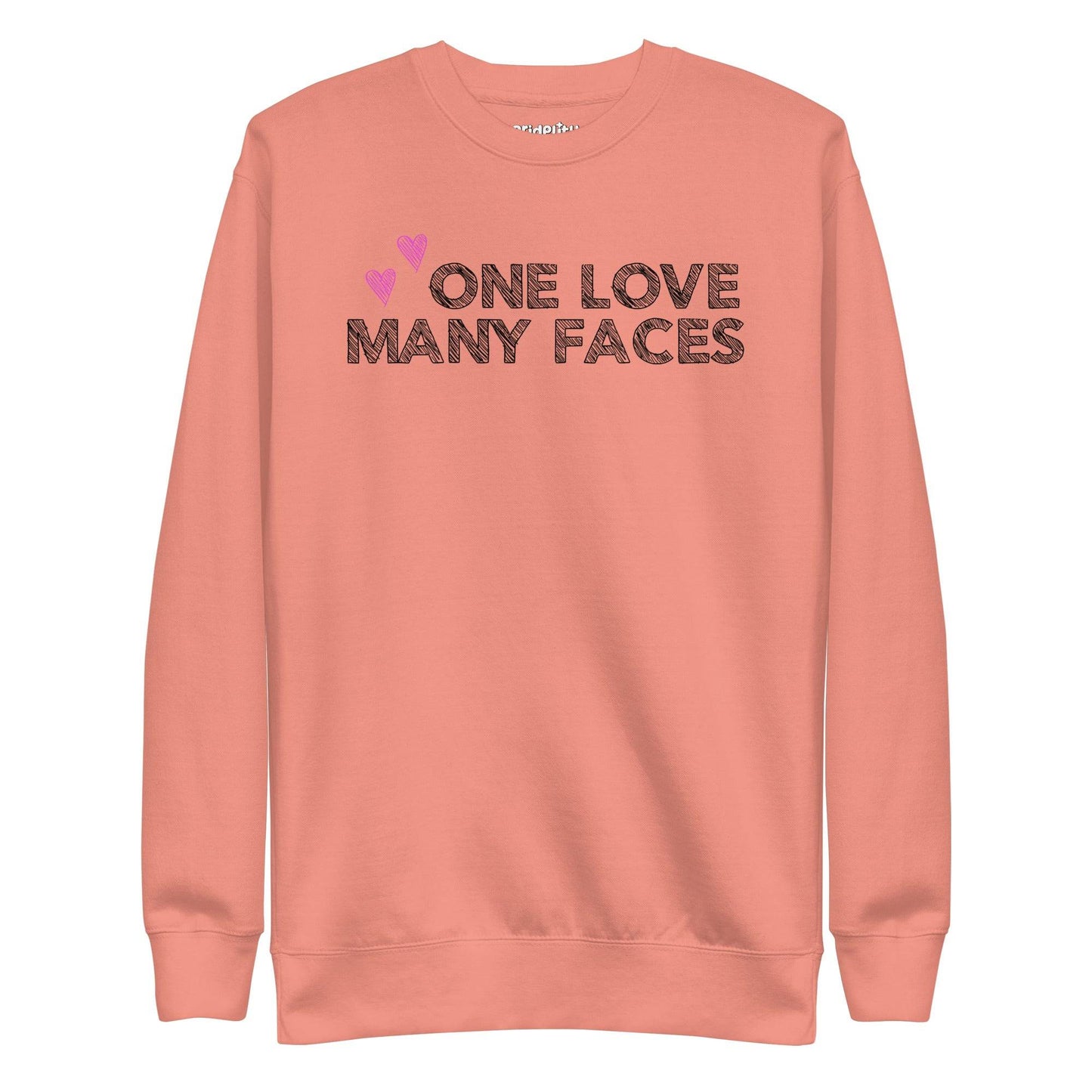 A carbon grey One Love Sweatshirt from Pridelity's pride collection features the text "ONE LOVE MANY FACES" in black, accented by two pink hearts above.