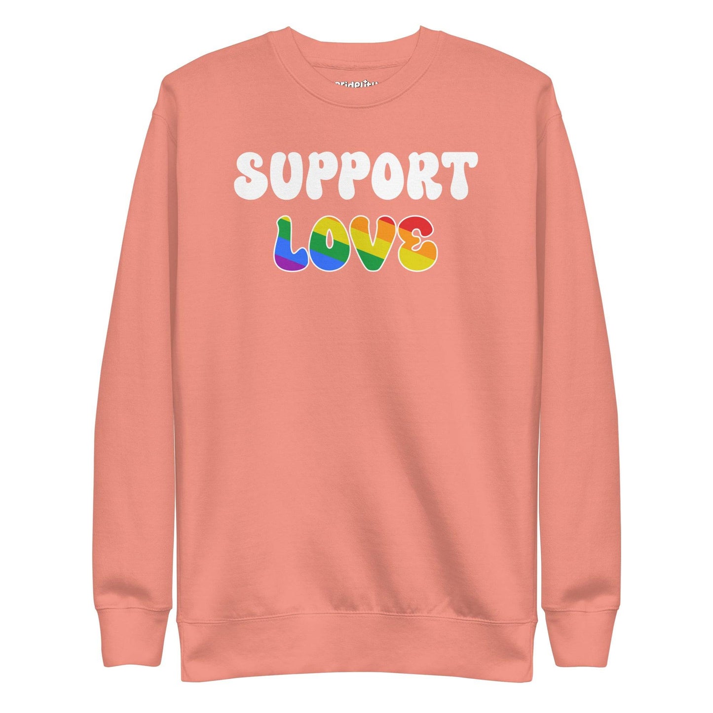 The black "Support Love Sweatshirt" from Pridelity's pride collection showcases "SUPPORT LOVE" on the front, with the word "LOVE" beautifully exploding in rainbow colors to symbolize diversity and inclusion. The striking design is a must-have piece for any pride outfit, standing out boldly against its plain background.