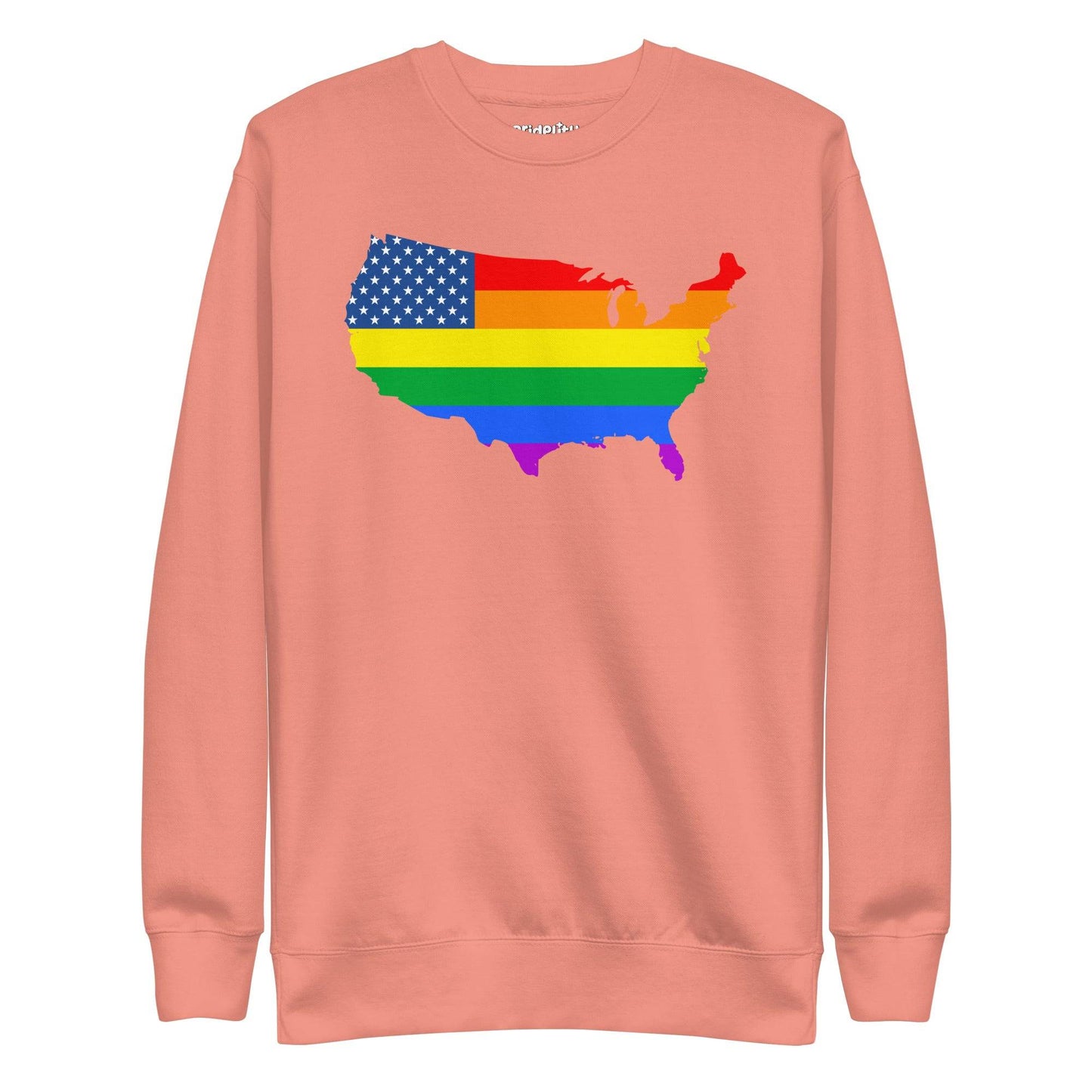 Introducing the US Map Pride Sweatshirt from Pridelity: a stylish black sweatshirt featuring a vibrant rainbow flag design overlaid on a graphic of the United States map. The top left corner highlights blue and white stars, reminiscent of the American flag, making it an ideal choice for anyone seeking fashionable pride apparel.
