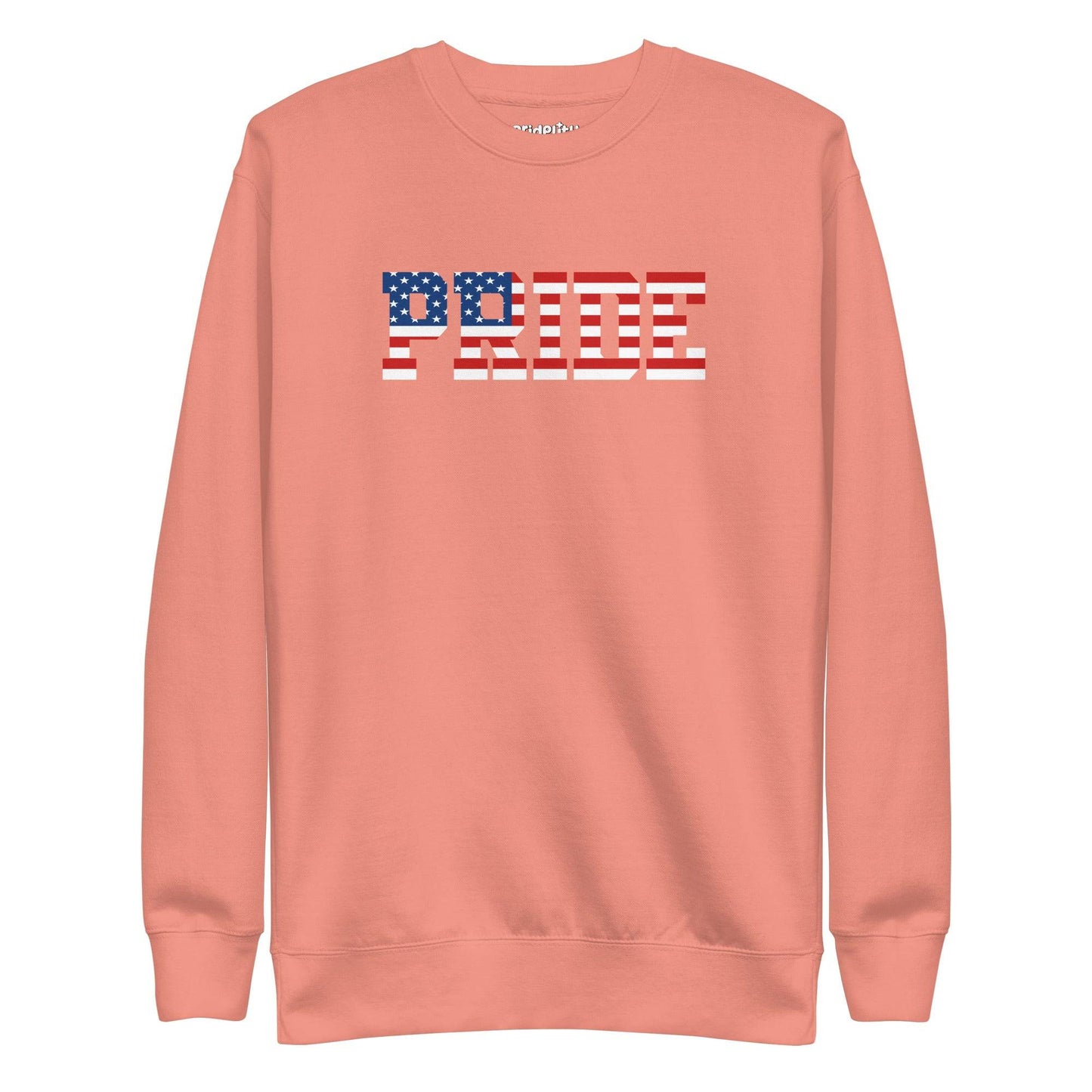 The American Pride Sweatshirt by Pridelity showcases "PRIDE" in an American flag pattern on the chest, featuring stars and stripes that reflect the essence of the USA flag. This bold and colorful design creates a striking contrast against the black fabric.