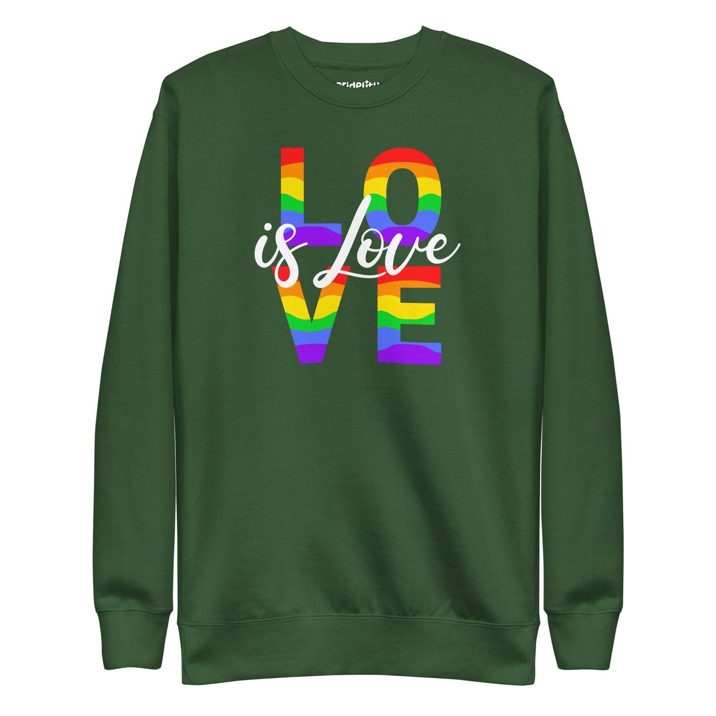The Love Is Love Sweatshirt by Pridelity boasts a fashionable black design showcasing the empowering message "Love is Love." The word "LOVE" is prominently displayed in large, rainbow-hued letters arranged vertically, capturing the spirit of rainbow apparel. The phrase "is Love" is gracefully scripted in smaller white cursive across the center for added elegance.