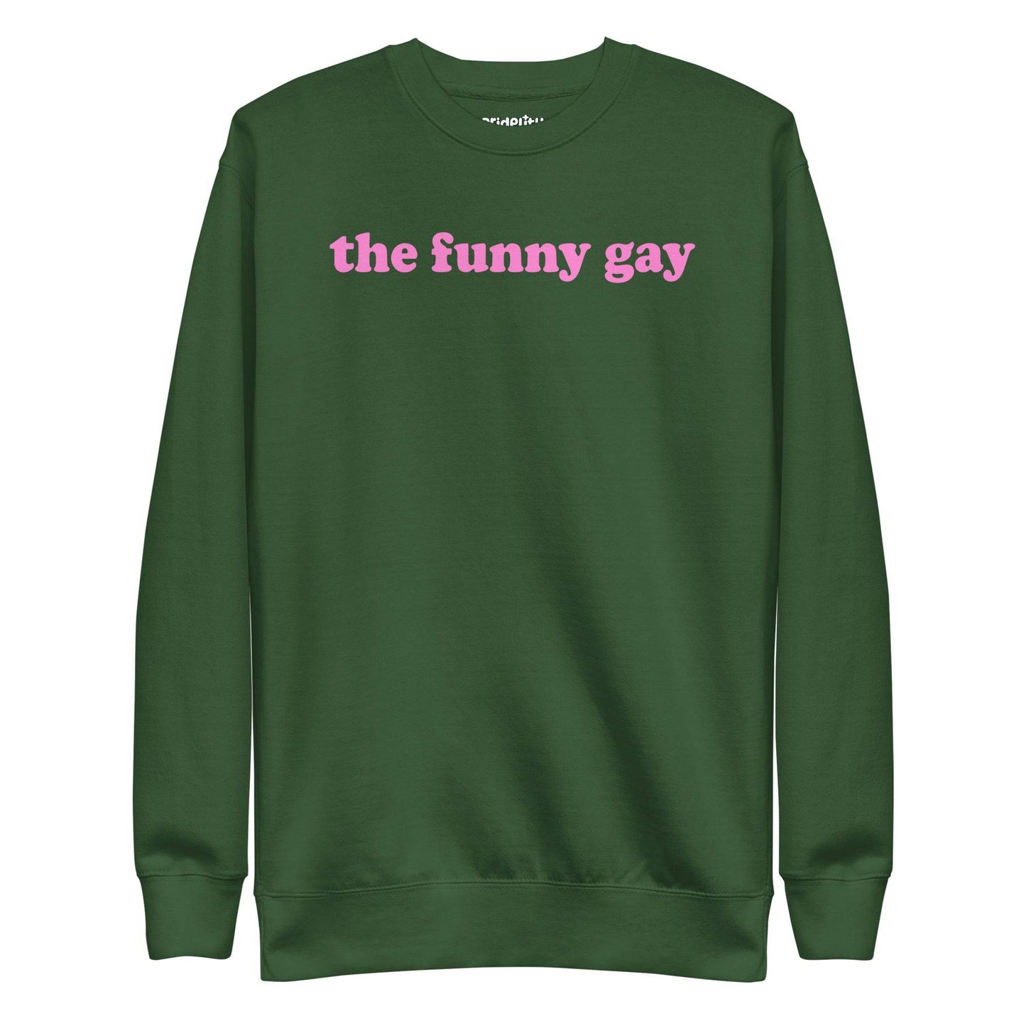 A standout piece for your pride collection, the Pridelity "The Funny Gay" Sweatshirt is a white top showcasing the phrase "the funny gay" in pink lowercase letters across the chest.