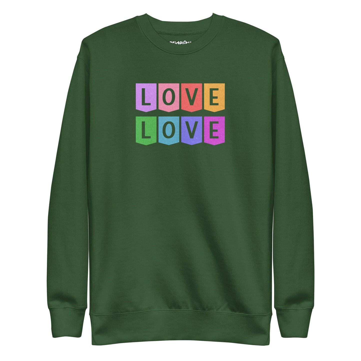 Introducing the Pridelity "Love Love Sweatshirt," a chic black sweatshirt showcasing the word "LOVE" repeated twice in a vivid rainbow block design, featuring bold letters in pink, yellow, purple, orange, and green. The playful and vibrant arrangement of the letters in two rows makes it an ideal choice for those who have a flair for rainbow fashion.