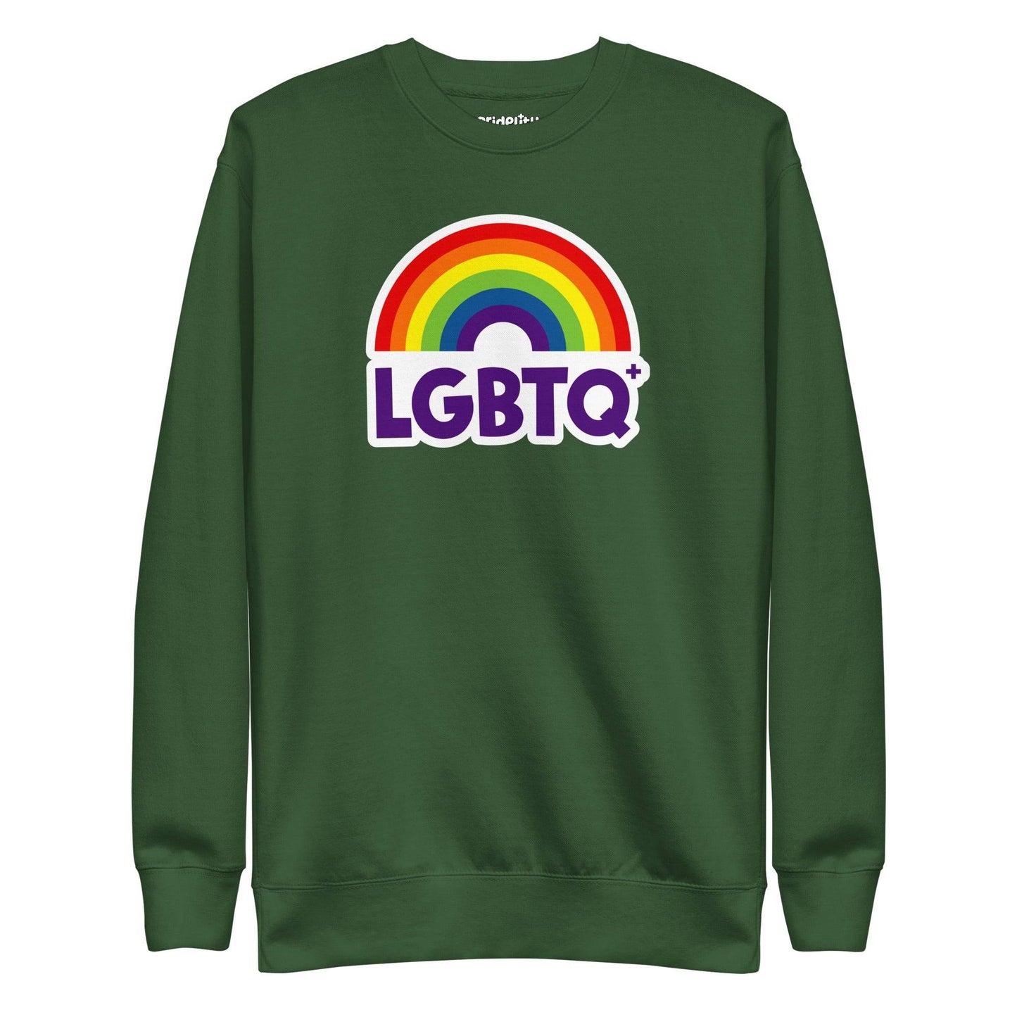 Introducing the Pridelity LGBTQ+ Sweatshirt in black, featuring a dynamic rainbow design with an arc and the word "LGBTQ+" in bold purple lettering.