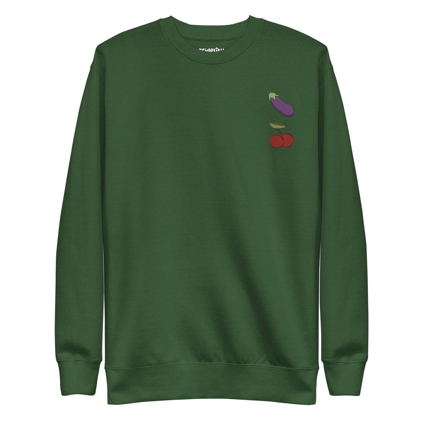 Check out the "Yummy Emojis Sweatshirt" by Pridelity in a dusty rose hue, showcasing small embroidered designs of an eggplant and cherries on the upper left side. This sweatshirt, from our exclusive pride collection, features a classic crew neck and long sleeves, making it perfect for any pride ensemble.