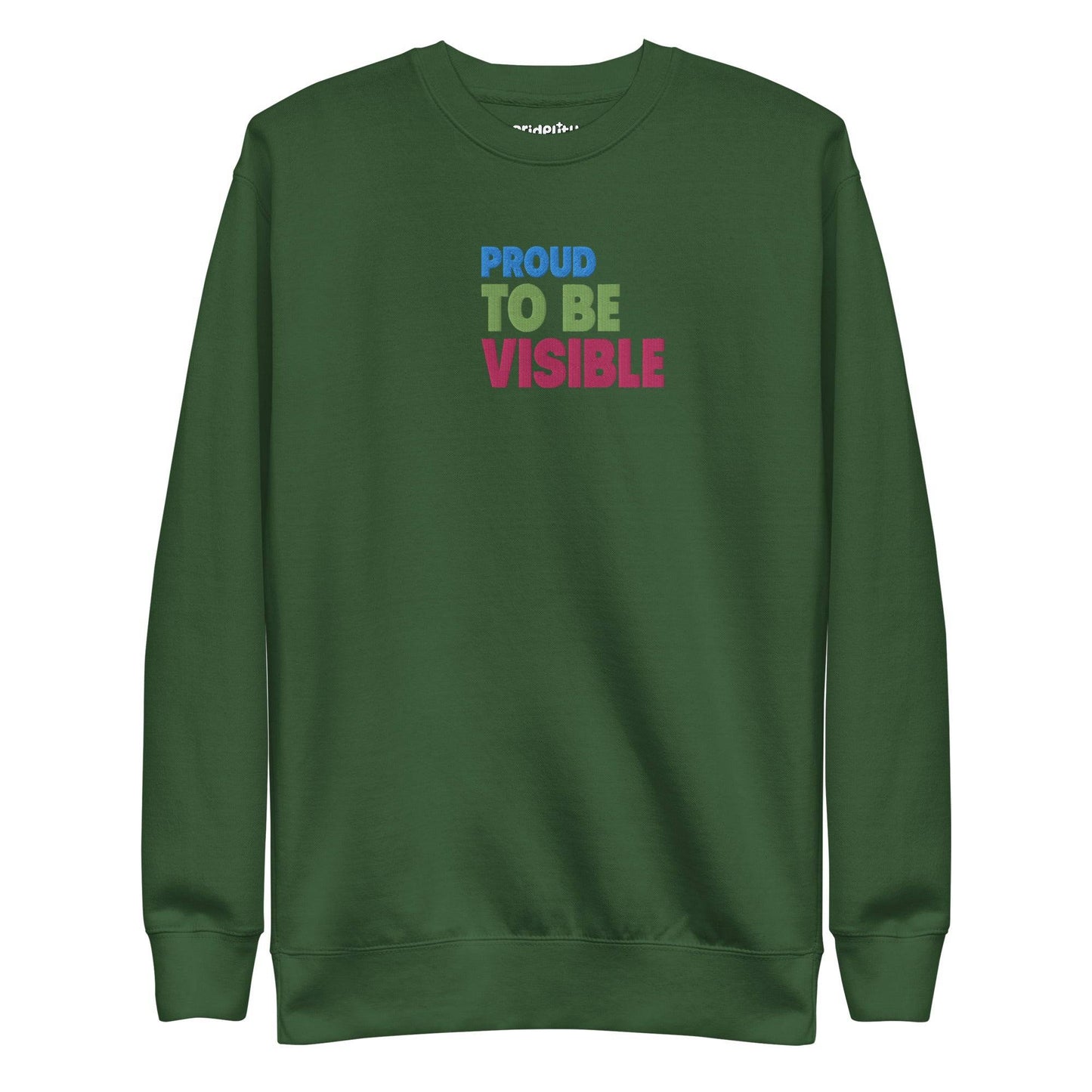 Proud To Be Visible Sweatshirt by Pridelity features the phrase "PROUD TO BE VISIBLE" in blue, green, and red on the front—an essential item from our pride collection.