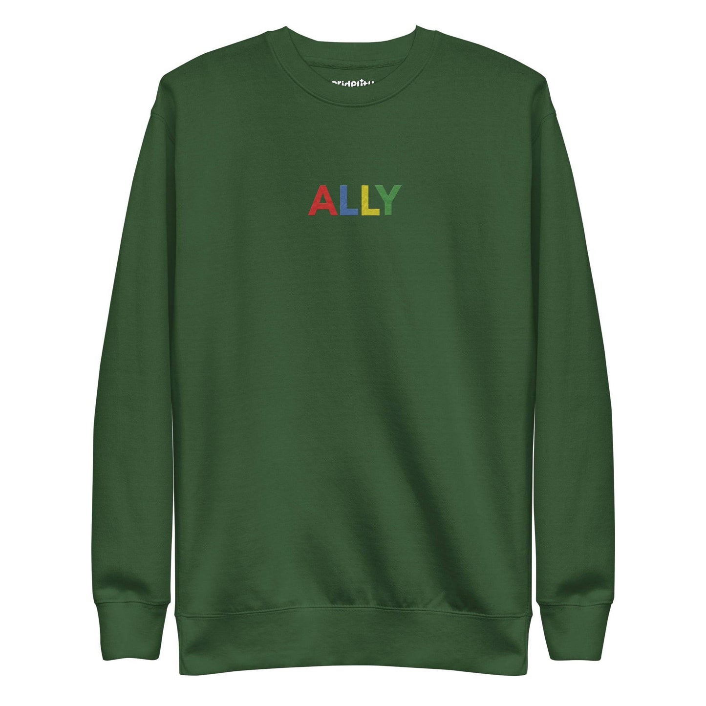 Black "Ally Sweatshirt" by Pridelity, featuring the word "ALLY" in bold, colorful letters on the front, is a standout piece from our Pride Collections.