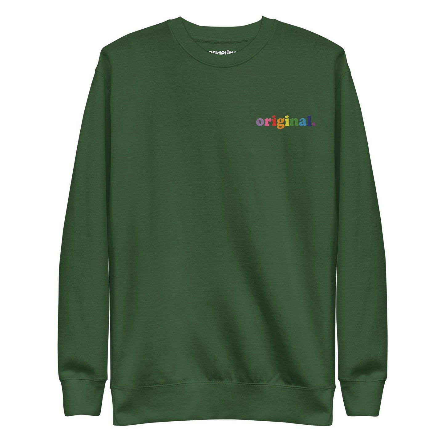 Introducing the Pridelity Original Sweatshirt in Team Royal, part of our pride collection. This minimalist design boasts the word "original." in vibrant letters on the upper left side, and features a classic crewneck style.