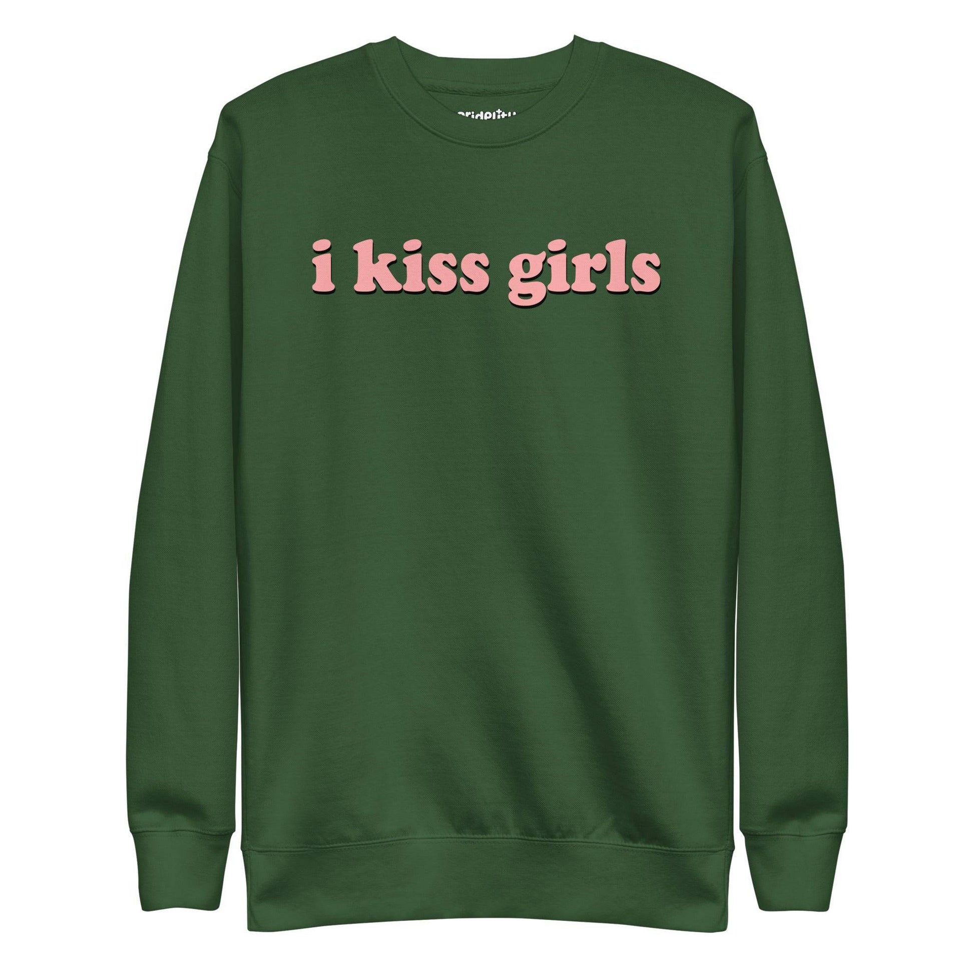 The Pridelity I Kiss Girls Sweatshirt is black and showcases the phrase "i kiss girls" boldly in vibrant pink on the front, ideal for anyone enthusiastic about rainbow-themed attire.