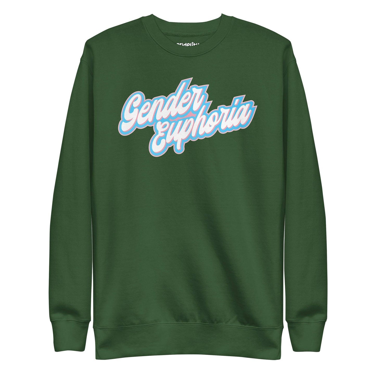 Introducing the Gender Euphoria Sweatshirt by Pridelity, offering a white backdrop adorned with "Gender Euphoria" in bold pastel pink and blue script on the front. This design embraces a casual and uplifting tone, celebrating identity with its cheerful colors.