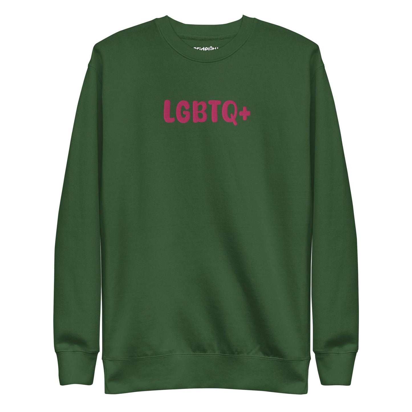 A Pridelity LGBTQ+ Sweatshirt in white, adorned with bold pink "LGBTQ+" lettering on the front, is perfect for embracing your pride with flair and aligns beautifully with the vibrant essence of rainbow apparel.