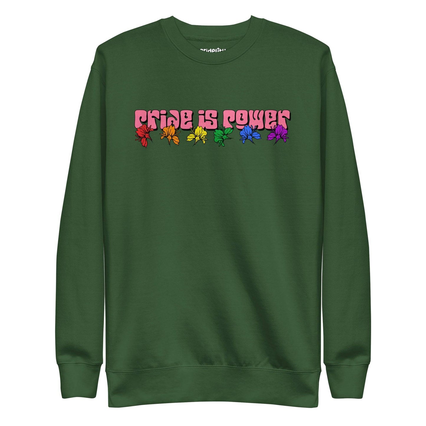 Introducing the "Pride Is Power Sweatshirt" by Pridelity, a black sweatshirt that features the phrase "PRIDE IS POWER" in eye-catching gradient letters. Below, six rainbow-colored butterflies symbolize diversity and pride, making it a standout piece from our pride collection.