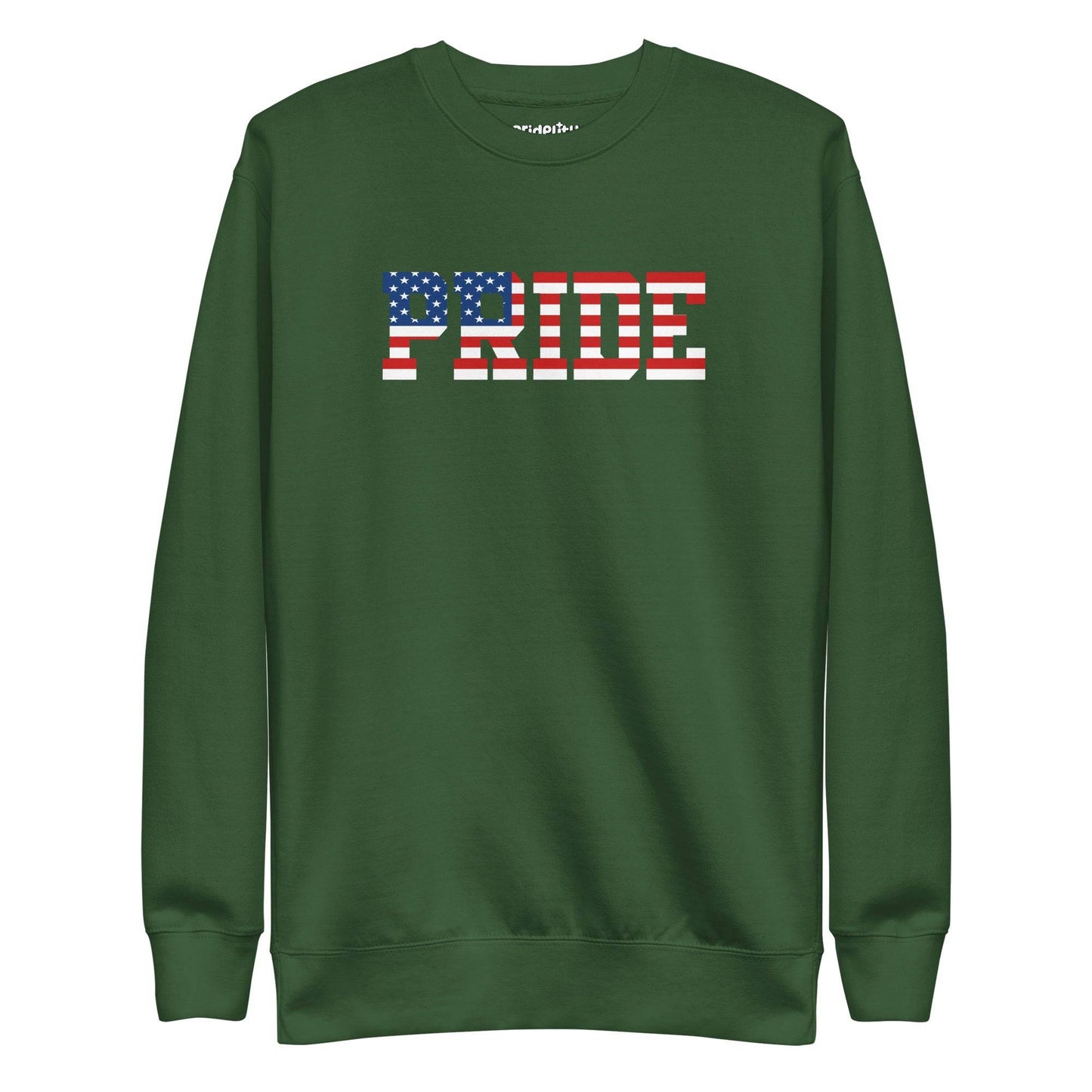 The American Pride Sweatshirt by Pridelity showcases "PRIDE" in an American flag pattern on the chest, featuring stars and stripes that reflect the essence of the USA flag. This bold and colorful design creates a striking contrast against the black fabric.