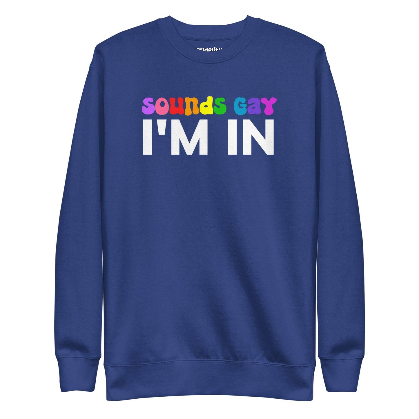 The Pridelity Sounds Gay Sweatshirt is a black top from our pride collection, showcasing the vibrant and playful text "SOUNDS GAY I'M IN.