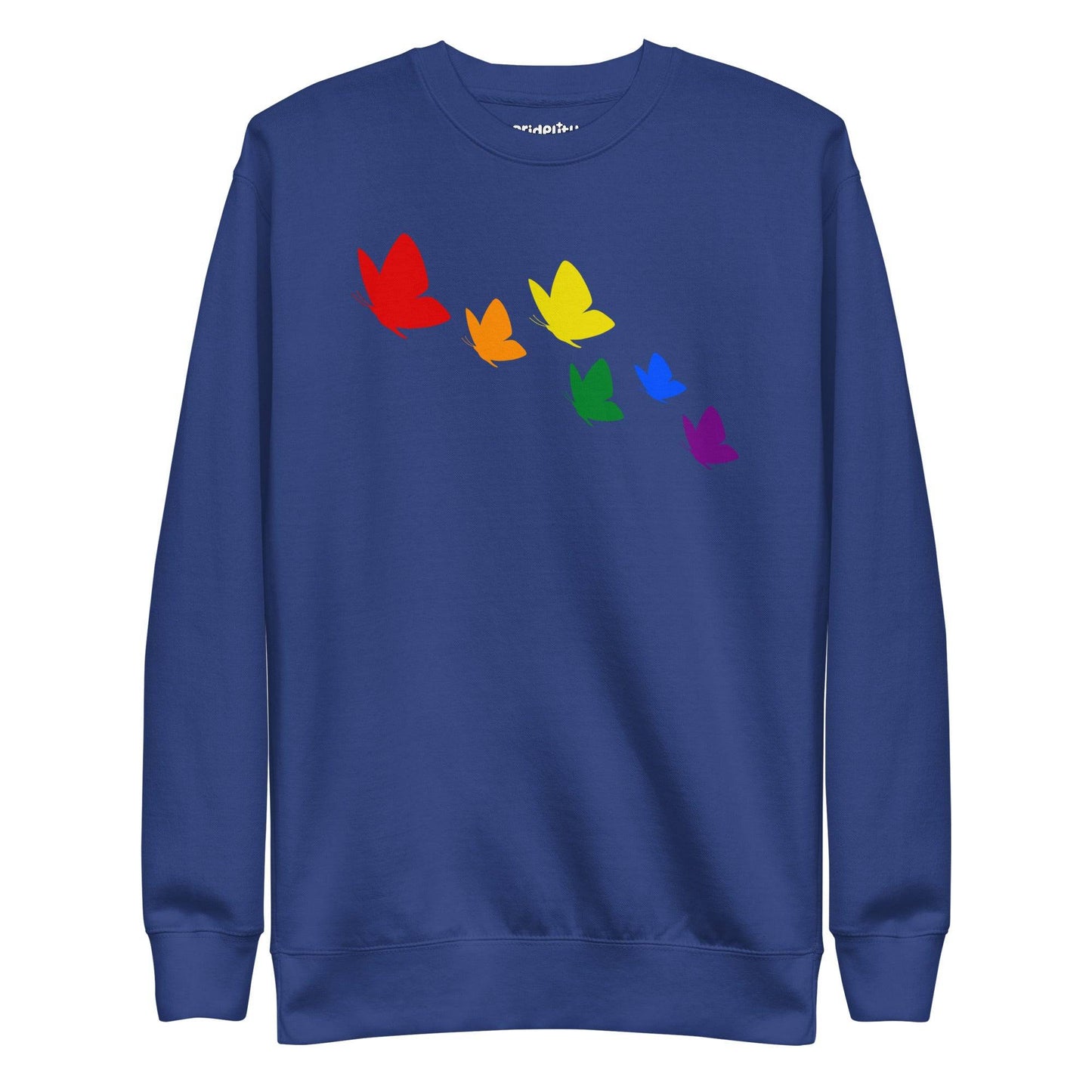 Introducing the "Butterflies Sweatshirt" by Pridelity: a white sweatshirt adorned with a striking pride design featuring six butterflies arranged diagonally. Each butterfly displays a unique color—red, orange, yellow, green, blue, and purple—celebrating diversity with its captivating rainbow effect as part of our Pride Collection.
