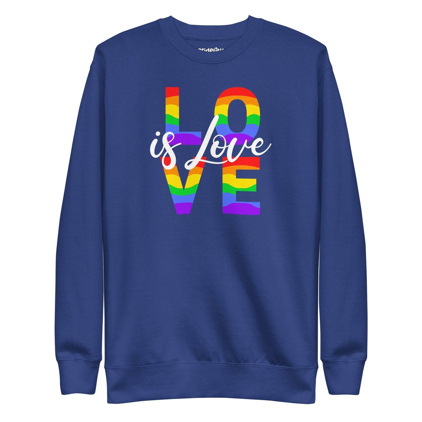 The Love Is Love Sweatshirt by Pridelity boasts a fashionable black design showcasing the empowering message "Love is Love." The word "LOVE" is prominently displayed in large, rainbow-hued letters arranged vertically, capturing the spirit of rainbow apparel. The phrase "is Love" is gracefully scripted in smaller white cursive across the center for added elegance.