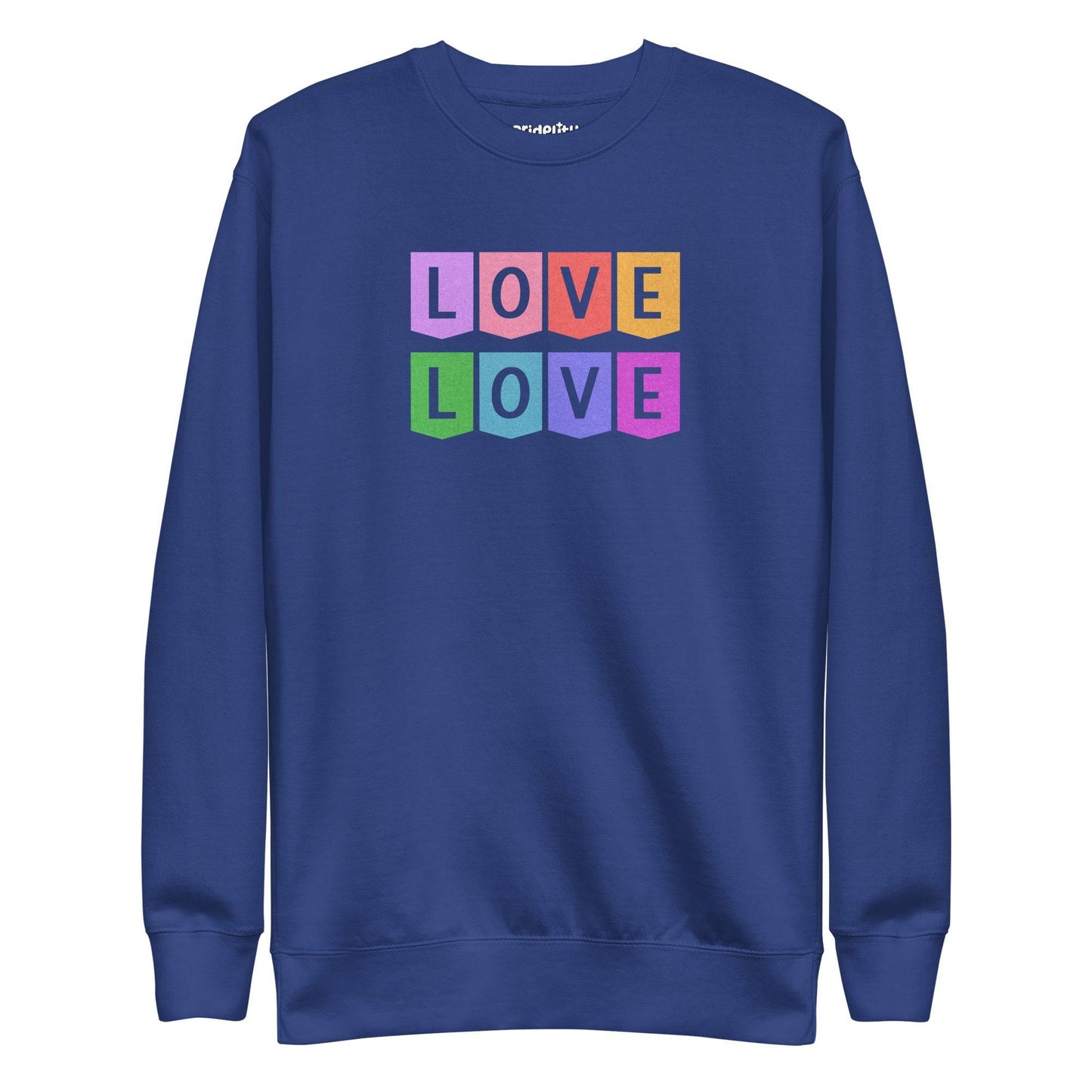 Introducing the Pridelity "Love Love Sweatshirt," a chic black sweatshirt showcasing the word "LOVE" repeated twice in a vivid rainbow block design, featuring bold letters in pink, yellow, purple, orange, and green. The playful and vibrant arrangement of the letters in two rows makes it an ideal choice for those who have a flair for rainbow fashion.