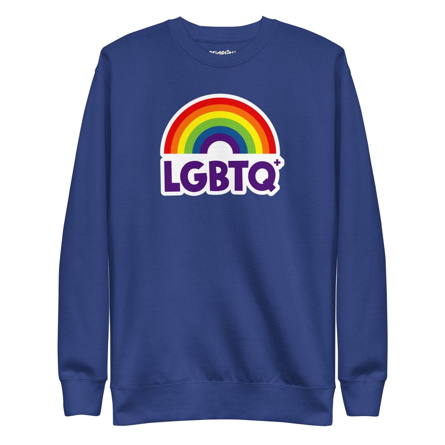 Introducing the Pridelity LGBTQ+ Sweatshirt in black, featuring a dynamic rainbow design with an arc and the word "LGBTQ+" in bold purple lettering.