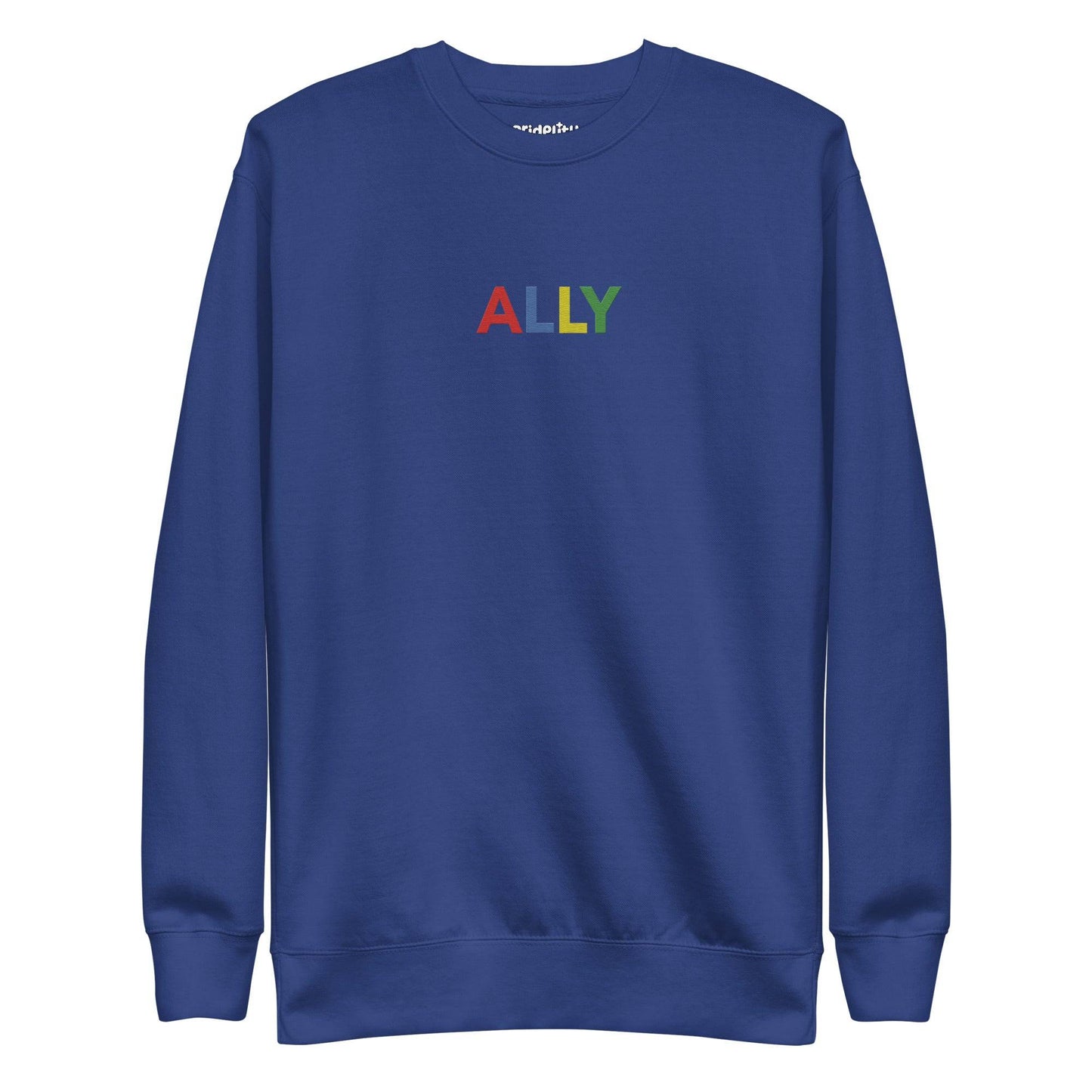 Black "Ally Sweatshirt" by Pridelity, featuring the word "ALLY" in bold, colorful letters on the front, is a standout piece from our Pride Collections.