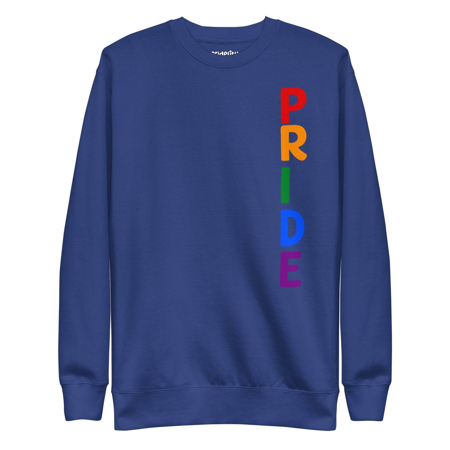 The Vertical Pride Sweatshirt by Pridelity is a white sweatshirt from the pride collection that proudly features the word "PRIDE" in vibrant rainbow colors, arranged vertically along the right side.