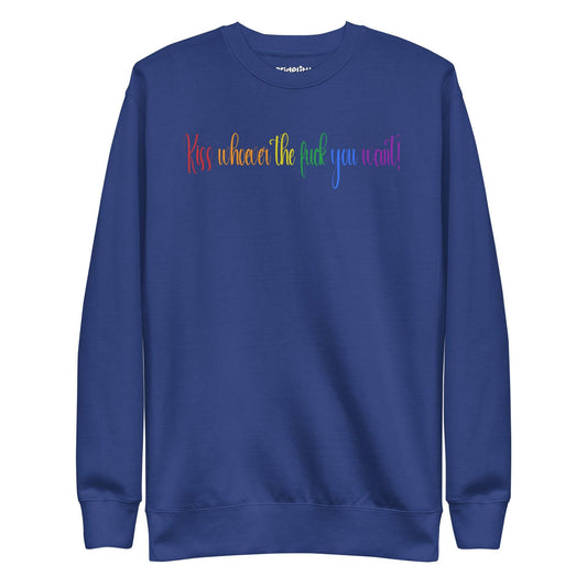 The black "Kiss Whoever The F*ck You Want" sweatshirt by Pridelity features vibrant rainbow text, making it a bold statement piece for those who cherish love and individuality. Add this splash of pride to your wardrobe today!