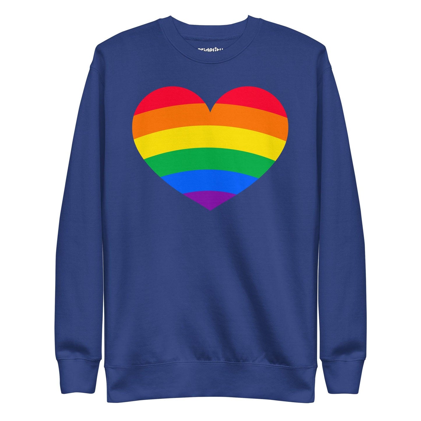 The Big Heart Sweatshirt by Pridelity from the Pride Collection showcases a large heart design with rainbow stripes, symbolizing LGBTQ+ pride. This vibrant heart design beautifully contrasts with the gray fabric background.