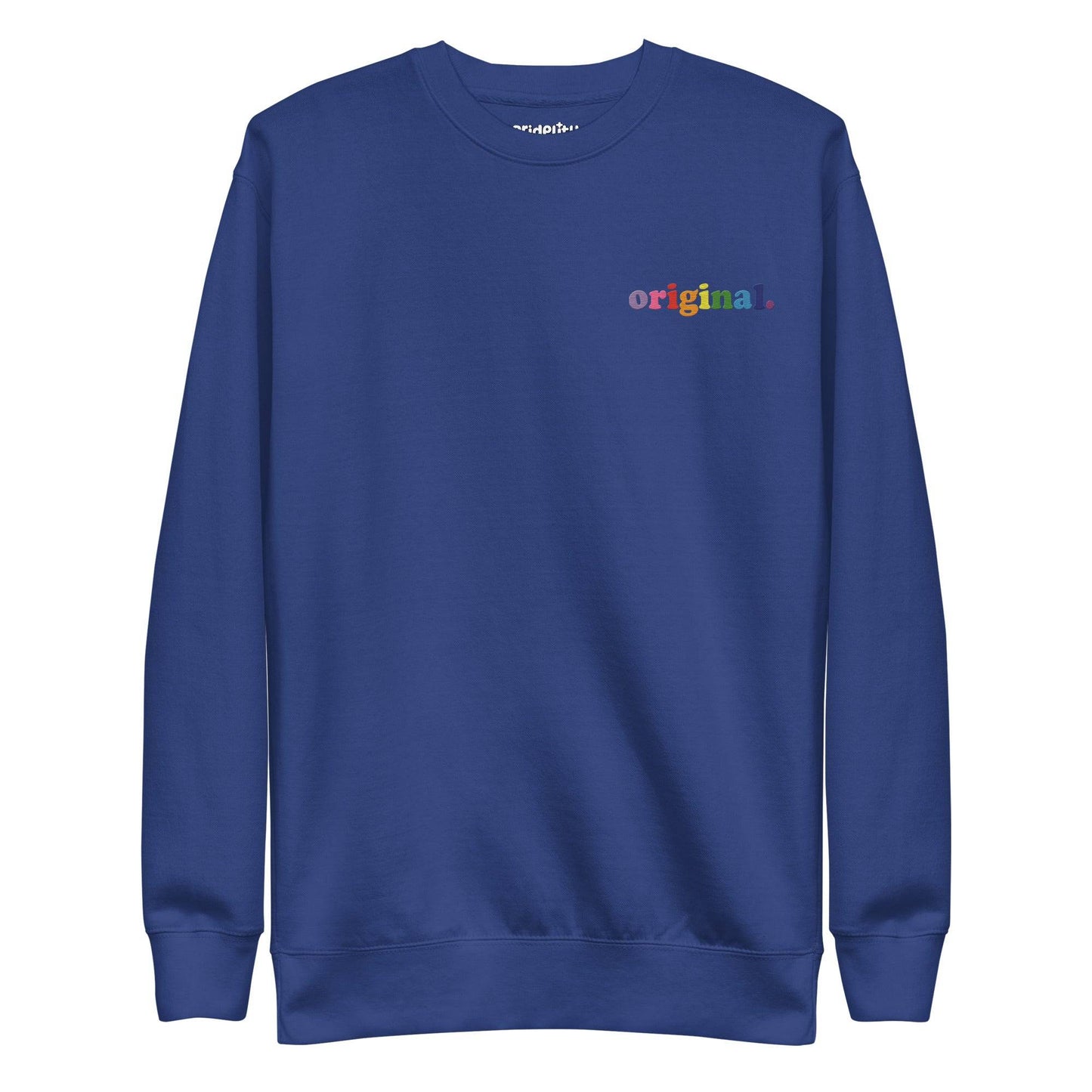 Introducing the Pridelity Original Sweatshirt in Team Royal, part of our pride collection. This minimalist design boasts the word "original." in vibrant letters on the upper left side, and features a classic crewneck style.