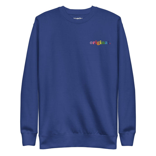 Introducing the Pridelity Original Sweatshirt in Team Royal, part of our pride collection. This minimalist design boasts the word "original." in vibrant letters on the upper left side, and features a classic crewneck style.