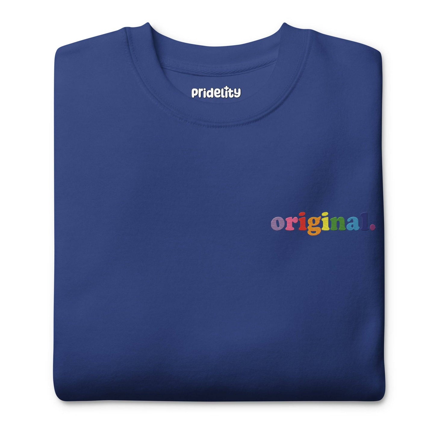 Introducing the Pridelity Original Sweatshirt in Team Royal, part of our pride collection. This minimalist design boasts the word "original." in vibrant letters on the upper left side, and features a classic crewneck style.