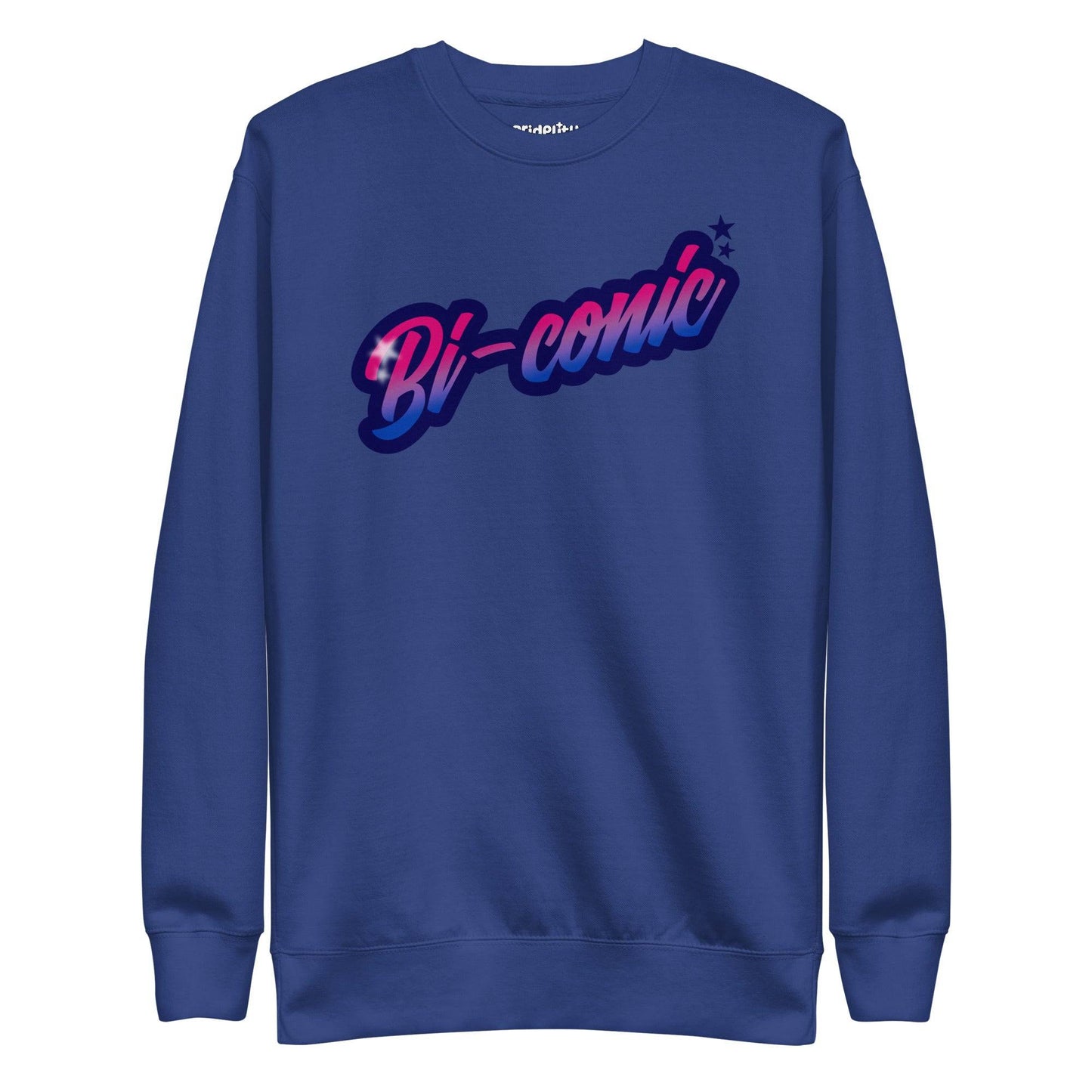 This exclusive Pride Merch piece, the Bi-Conic Sweatshirt by Pridelity, features a gray design with "Bi-conic" in a stylized pink and blue gradient text on the front, highlighted by a small star, celebrating identity with style and flair.