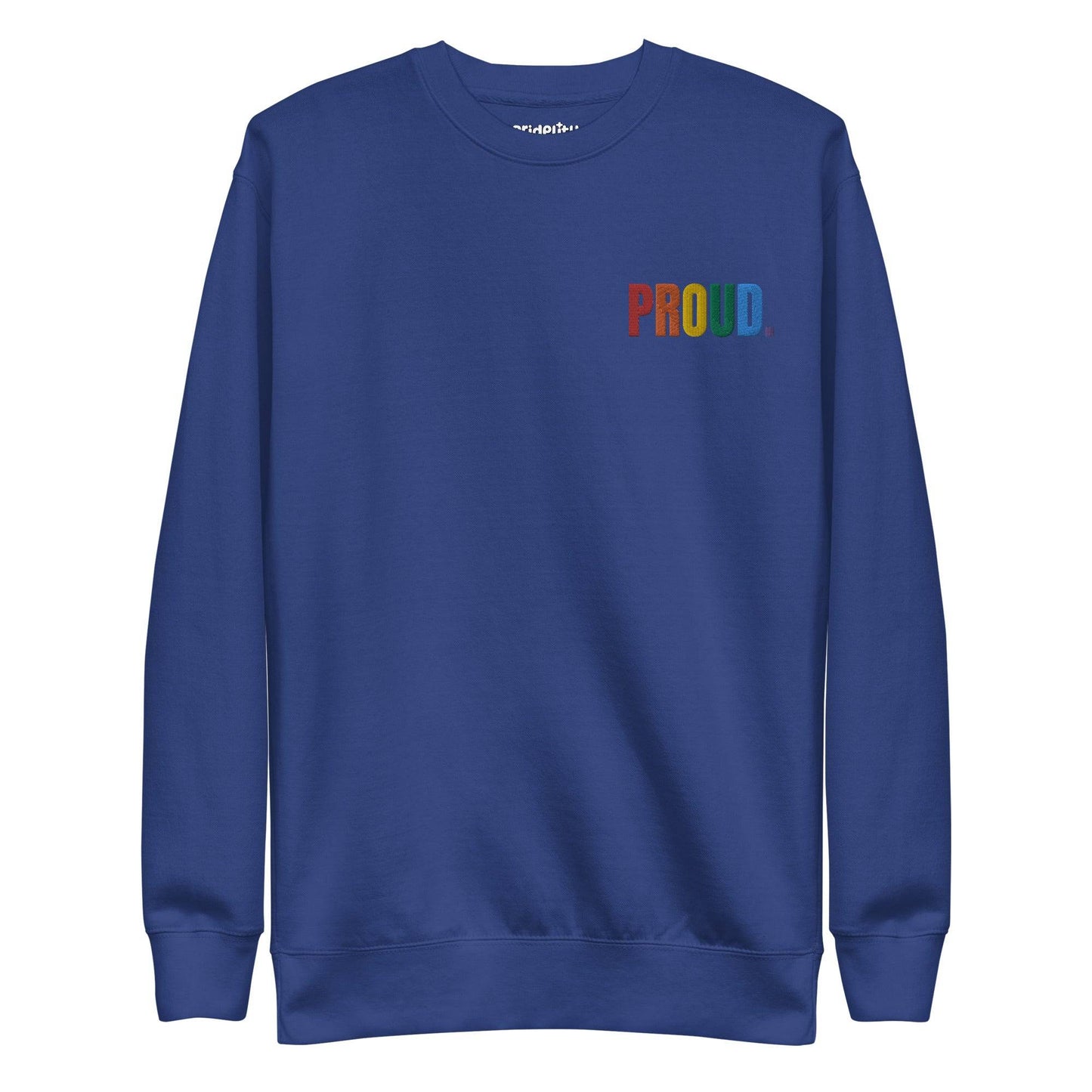 This carbon grey Proud Sweatshirt, part of our pride collection, showcases the word "Proud" embroidered in vibrant rainbow colors across the front. Above it, the brand name "Pridelity" is elegantly displayed in small white text, creating a standout pride outfit.
