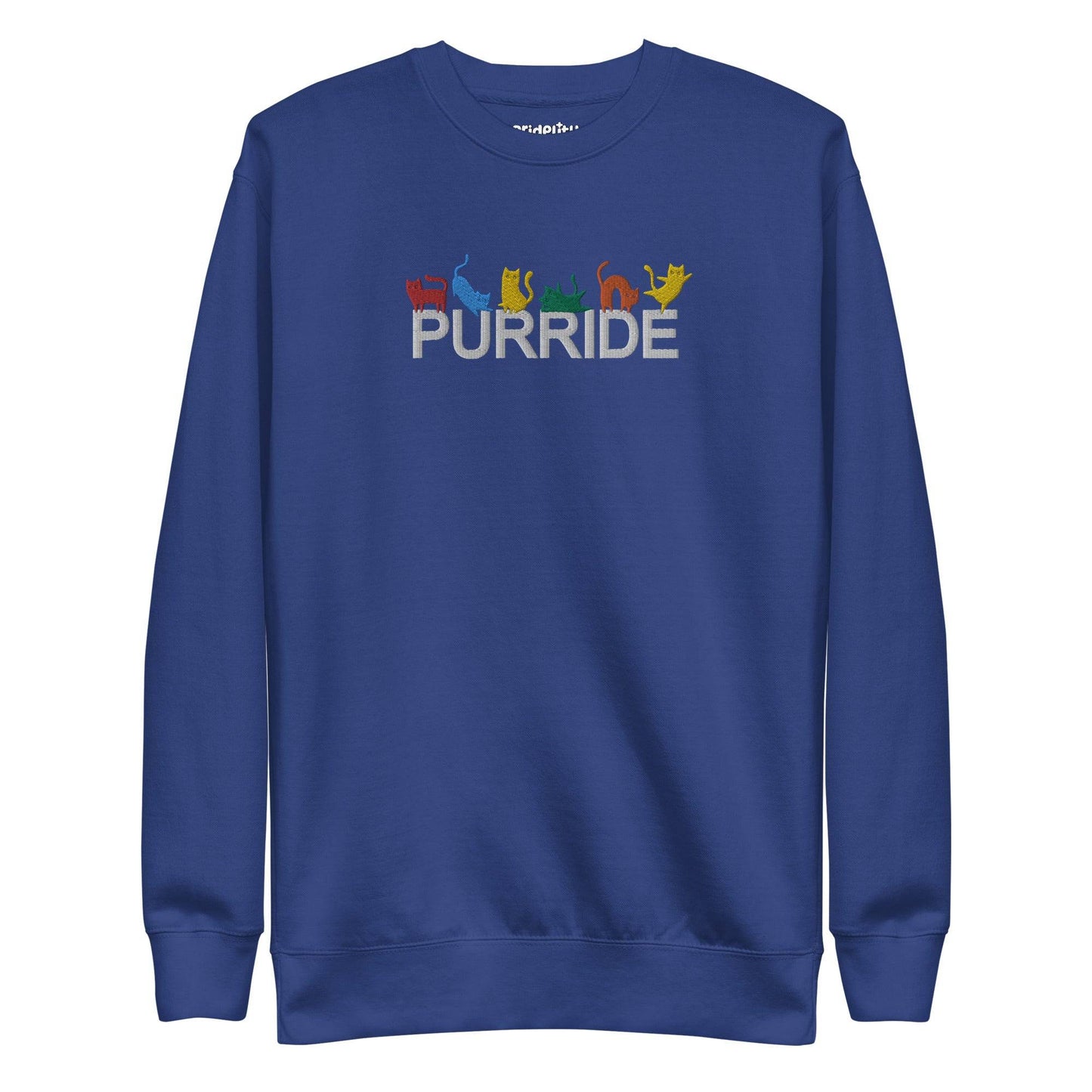 The Purride Sweatshirt by Pridelity is a black sweatshirt from the pride collection, showcasing the word "PURRIDE" across the chest. Above this, colorful silhouettes of cats in playful poses represent every shade of the rainbow.