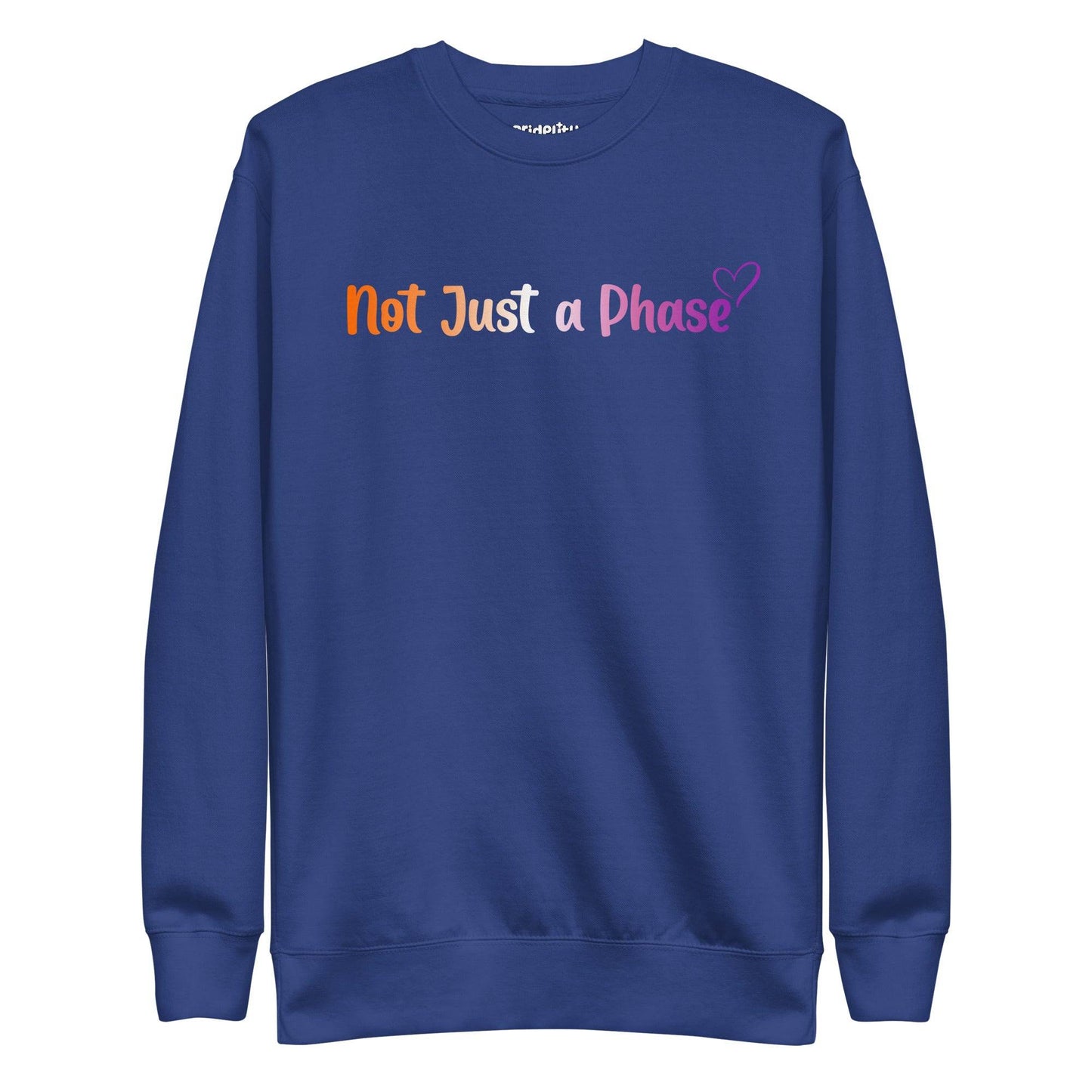 The black Not Just A Phase Sweatshirt by Pridelity, featuring rainbow text that reads "Not Just a Phase" and accented with a small purple heart on the right side, is a standout piece in any pride outfit.