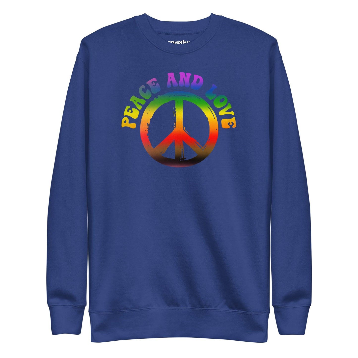 This Pridelity "Peace & Love" Sweatshirt in white showcases a vibrant rainbow "Peace and Love" text over a large peace symbol with gradient colors.