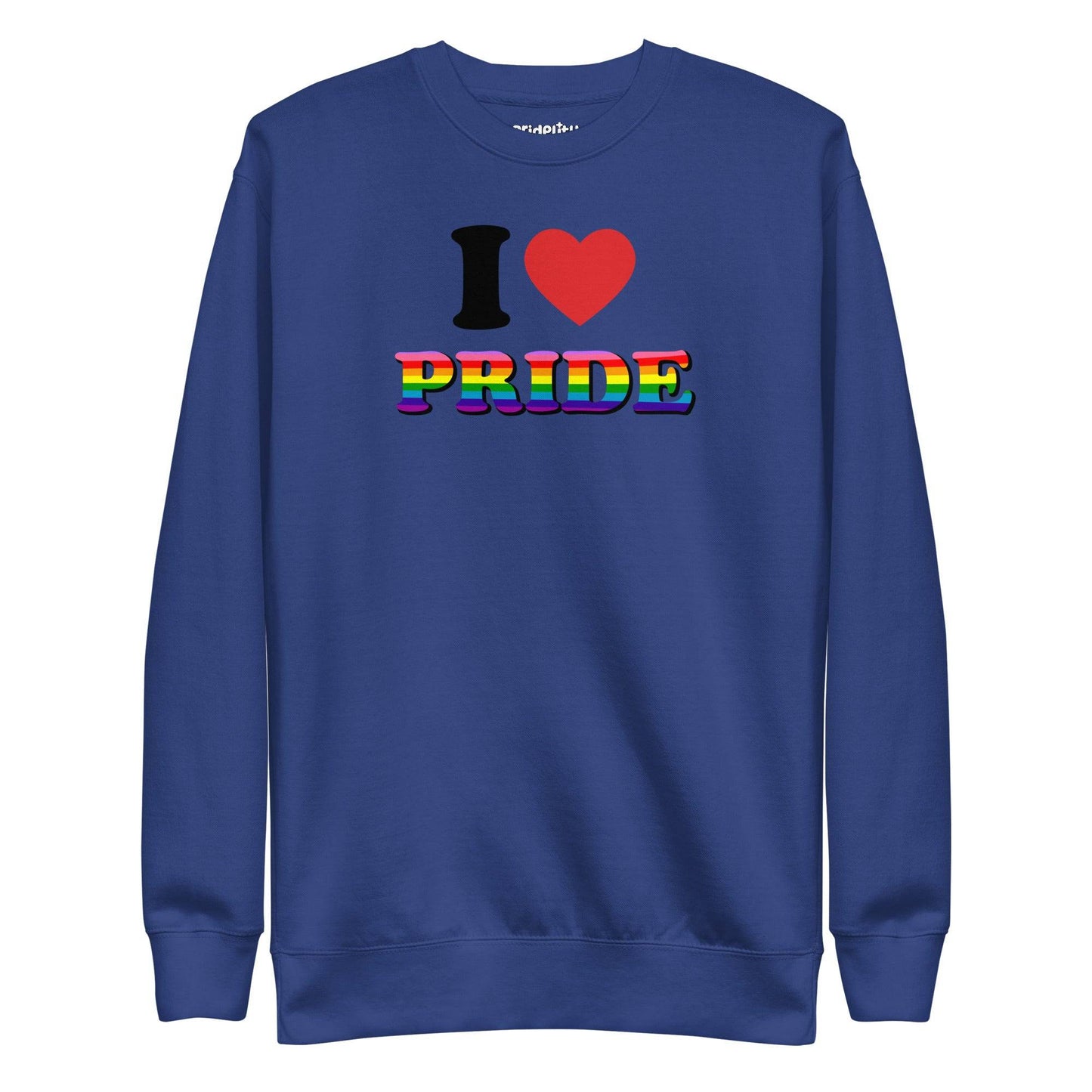 Pridelity's "I Love Pride Sweatshirt" is a white garment showcasing "I ♥ PRIDE" emblazoned on the front. The heart is a vivid red, and the word "PRIDE" is highlighted in bold letters with a dynamic rainbow gradient, making it an ideal piece for your rainbow clothing collection.