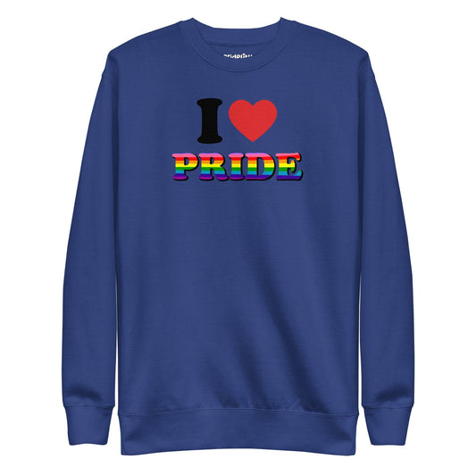 Pridelity's "I Love Pride Sweatshirt" is a white garment showcasing "I ♥ PRIDE" emblazoned on the front. The heart is a vivid red, and the word "PRIDE" is highlighted in bold letters with a dynamic rainbow gradient, making it an ideal piece for your rainbow clothing collection.