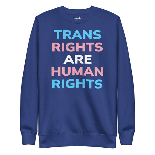 Introducing the Trans Rights Sweatshirt by Pridelity—a black sweatshirt prominently featuring the phrase "Trans Rights Are Human Rights" in striking blue, pink, and white letters. As a piece from our exclusive pride collection, it’s ideal for making a bold statement with any pride ensemble.