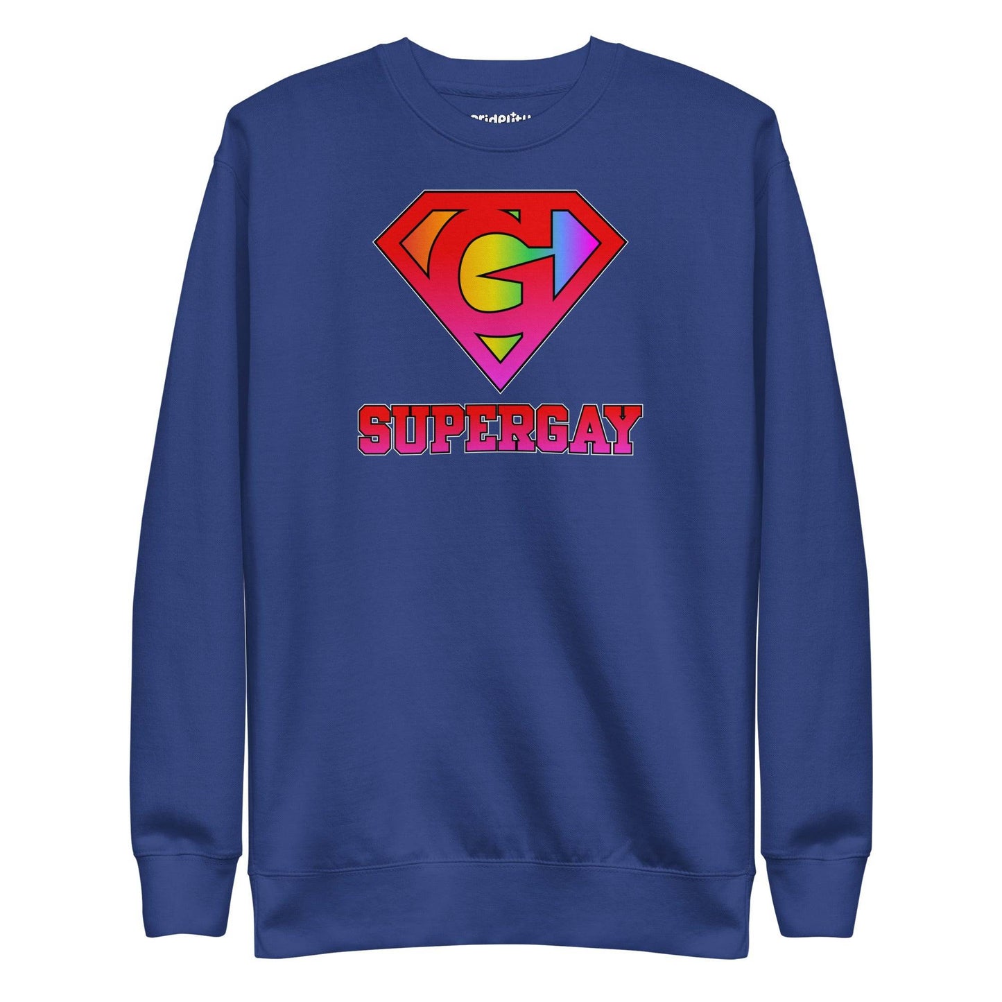 Introducing the Supergay Sweatshirt from Pridelity: a dusty rose sweatshirt featuring a stylized rainbow "S" emblem and a bold "SUPERGAY" print, perfect for adding to your pride collection.