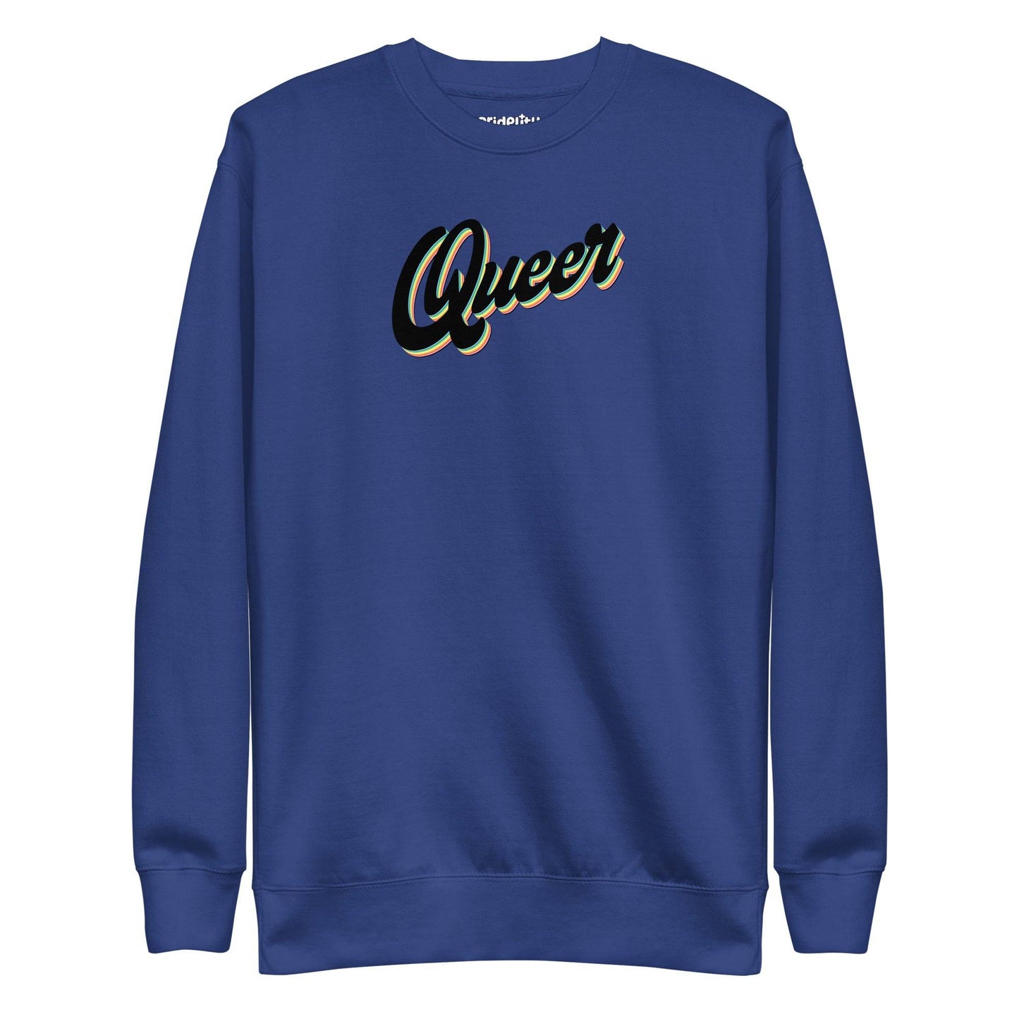 The Carbon Grey Queer Sweatshirt from Pridelity's pride collection showcases the word "Queer" in a stylized, cursive black font with white and yellow outlines across the chest.