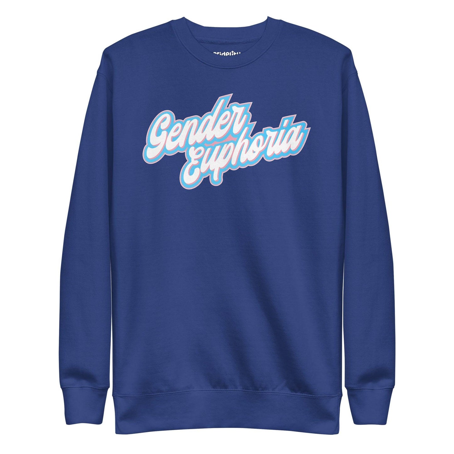Introducing the Gender Euphoria Sweatshirt by Pridelity, offering a white backdrop adorned with "Gender Euphoria" in bold pastel pink and blue script on the front. This design embraces a casual and uplifting tone, celebrating identity with its cheerful colors.