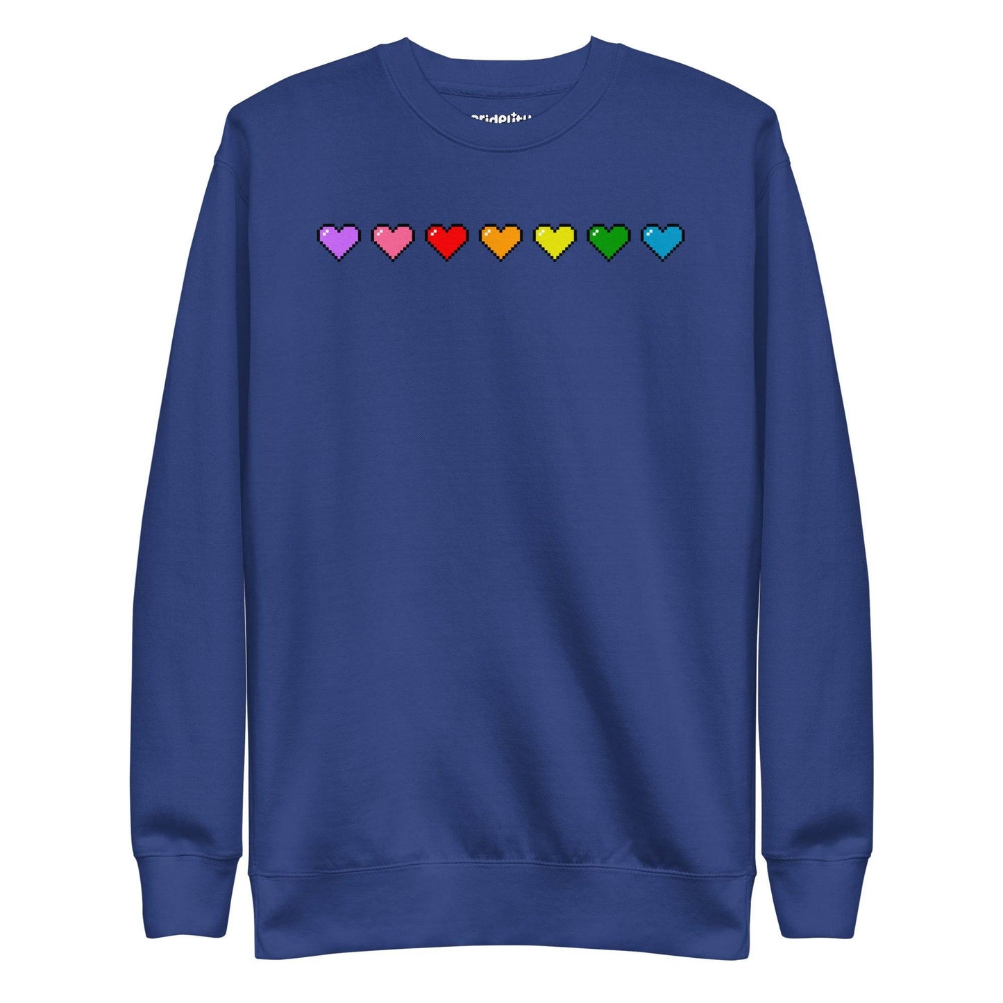 The Pixel Hearts Sweatshirt by Pridelity showcases a series of eight pixelated hearts in lively pride hues—purple, pink, red, orange, yellow, green, blue, and teal—across the chest on a carbon grey backdrop.